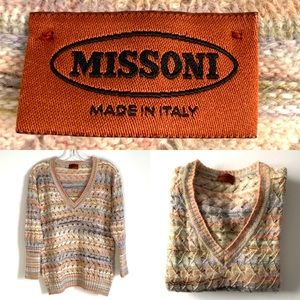 Missoni v-neck wool lacey open knit sweater in muted colours med-large